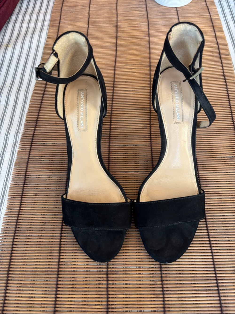ANTONIO MELANI Black Suede Open-Toe Ankle-Strap Heels
